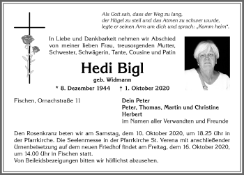 Traueranzeige von Hedi Bigl von Allgäuer Anzeigeblatt