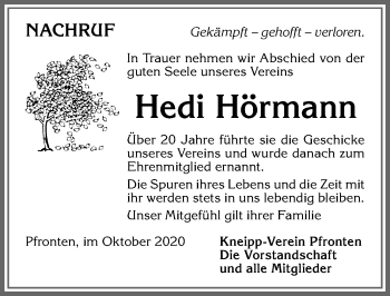 Traueranzeige von Hedi Hörmann von Allgäuer Zeitung, Füssen