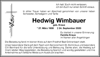 Traueranzeige von Hedwig Wimbauer von Memminger Zeitung