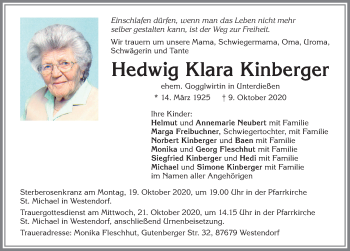 Traueranzeige von Hedwig Klara Kinberger von Allgäuer Zeitung