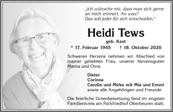 Traueranzeige von Heidi Tews von Allgäuer Zeitung, Kaufbeuren/Buchloe