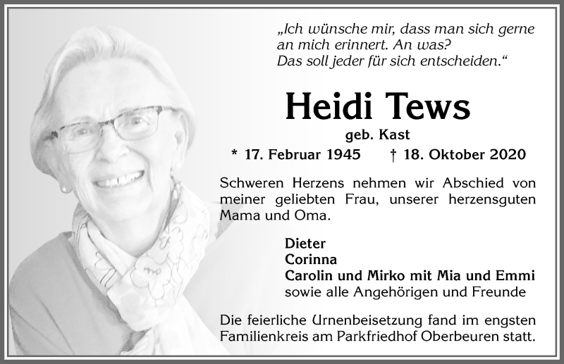  Traueranzeige für Heidi Tews vom 24.10.2020 aus Allgäuer Zeitung, Kaufbeuren/Buchloe