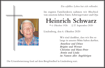 Traueranzeige von Heinrich Schwarz von Der Westallgäuer
