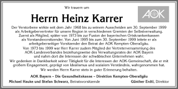 Traueranzeige von Heinz Karrer von Allgäuer Zeitung,Kempten