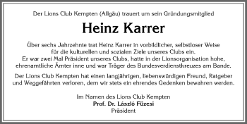 Traueranzeige von Heinz Karrer von Allgäuer Zeitung,Kempten