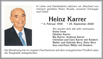 Traueranzeige von Heinz Karrer von Allgäuer Zeitung,Kempten