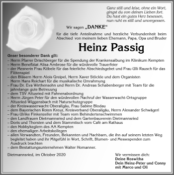 Traueranzeige von Heinz Passig von Allgäuer Zeitung,Kempten