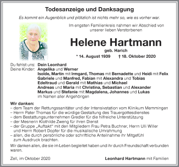 Traueranzeige von Helene Hartmann von Memminger Zeitung