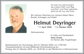 Traueranzeige von Helmut Deyringer von Allgäuer Zeitung,Kempten