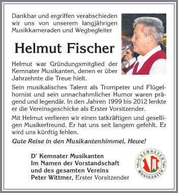 Traueranzeige von Helmut Fischer von Allgäuer Zeitung, Kaufbeuren/Buchloe