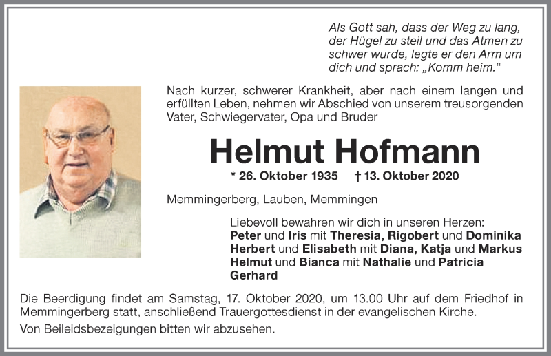  Traueranzeige für Helmut Hofmann vom 16.10.2020 aus Memminger Zeitung