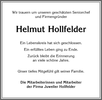 Traueranzeige von Helmut Hollfelder von Allgäuer Anzeigeblatt