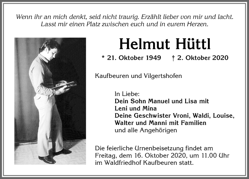  Traueranzeige für Helmut Hüttl vom 10.10.2020 aus Allgäuer Zeitung, Kaufbeuren/Buchloe