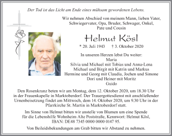 Traueranzeige von Helmut Kösl von Allgäuer Zeitung, Marktoberdorf