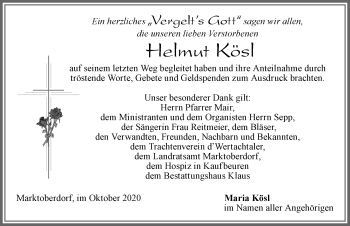 Traueranzeige von Helmut Kösl von Allgäuer Zeitung, Marktoberdorf