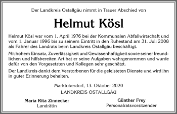 Traueranzeige von Helmut Kösl von Allgäuer Zeitung, Marktoberdorf