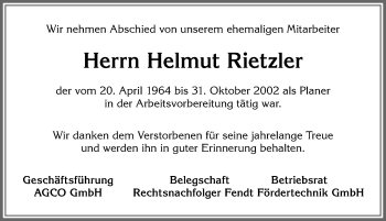 Traueranzeige von Helmut Rietzler von Allgäuer Zeitung,Kempten