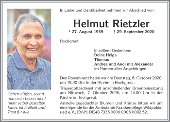 Traueranzeige von Helmut Rietzler von Allgäuer Zeitung,Kempten