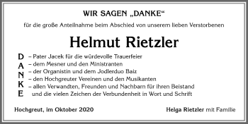 Traueranzeige von Helmut Rietzler von Allgäuer Zeitung,Kempten