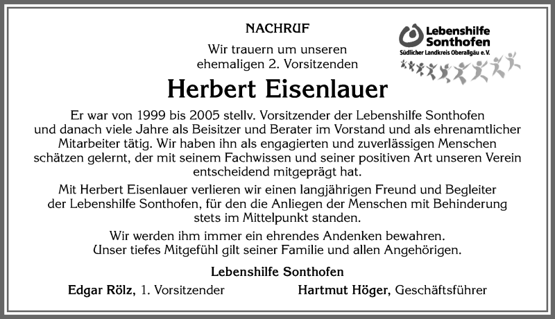  Traueranzeige für Herbert Eisenlauer vom 29.10.2020 aus Allgäuer Anzeigeblatt