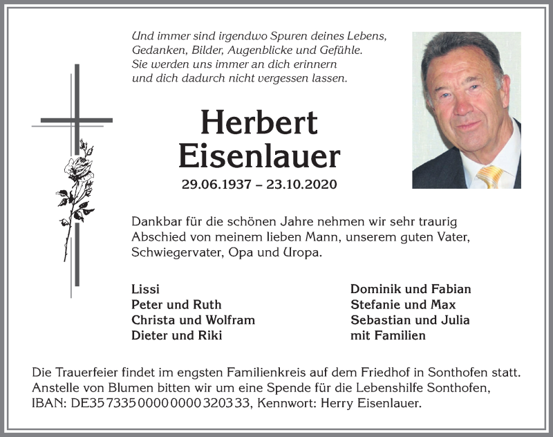  Traueranzeige für Herbert Eisenlauer vom 28.10.2020 aus Allgäuer Anzeigeblatt