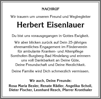 Traueranzeige von Herbert Eisenlauer von Allgäuer Anzeigeblatt