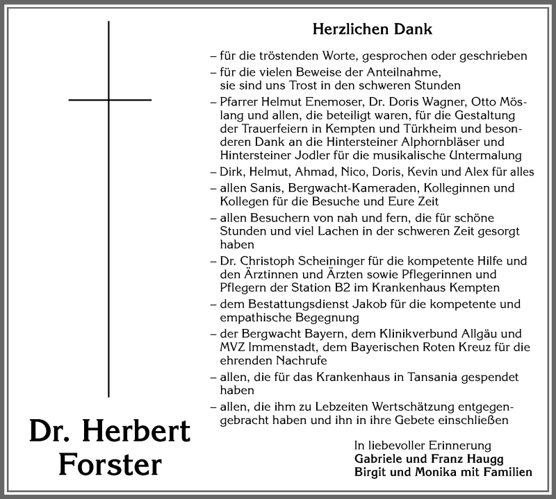  Traueranzeige für Herbert Forster vom 02.10.2020 aus Allgäuer Zeitung, Gesamtausgabe