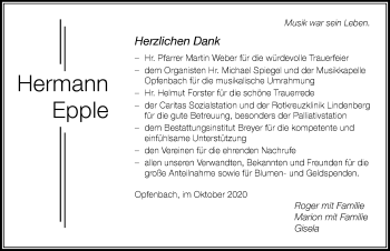Traueranzeige von Hermann Epple von Der Westallgäuer