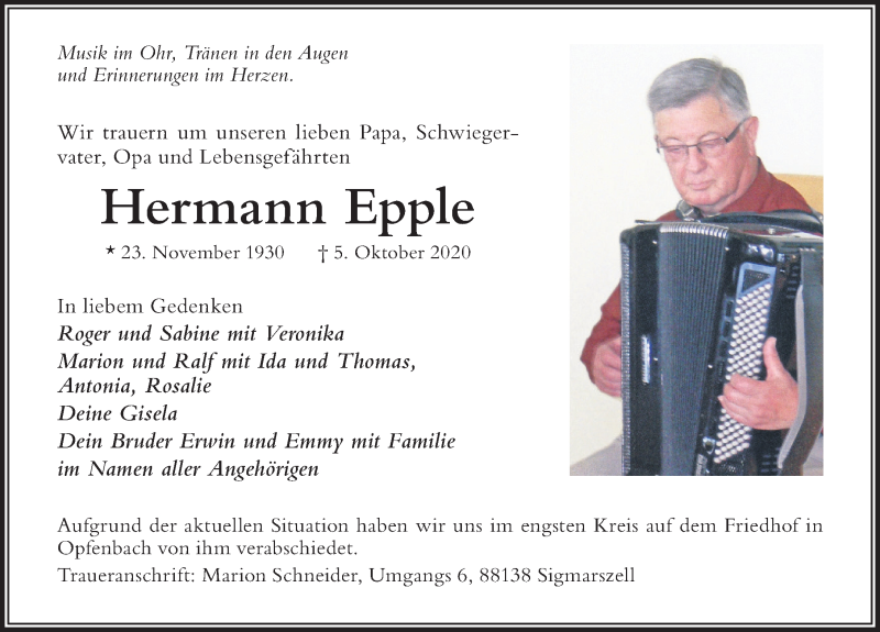  Traueranzeige für Hermann Epple vom 12.10.2020 aus Der Westallgäuer