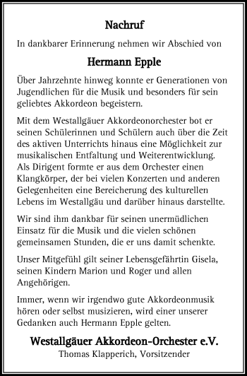 Traueranzeige von Hermann Epple von Der Westallgäuer