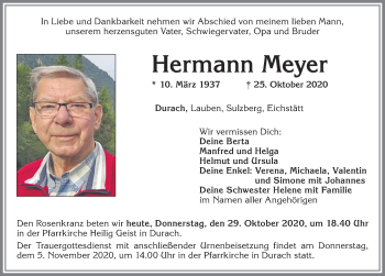Traueranzeige von Hermann Meyer von Allgäuer Zeitung,Kempten