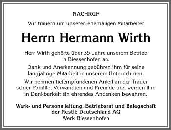 Traueranzeige von Hermann Wirth von Allgäuer Zeitung