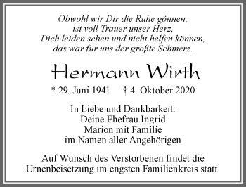 Traueranzeige von Hermann Wirth von Allgäuer Zeitung, Marktoberdorf