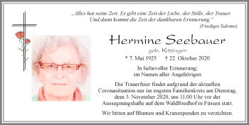 Traueranzeige von Hermine Seebauer von Allgäuer Zeitung, Füssen