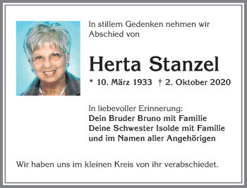 Traueranzeige von Herta Stanzel von Allgäuer Zeitung, Marktoberdorf
