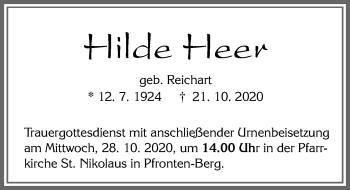 Traueranzeige von Hilde Heer von Allgäuer Zeitung, Füssen