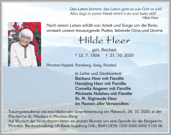 Traueranzeige von Hilde Heer von Allgäuer Zeitung, Füssen