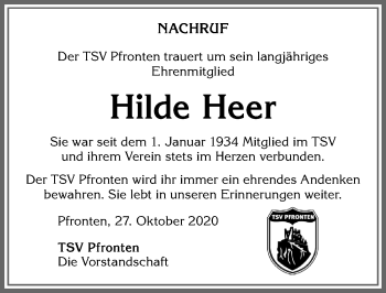 Traueranzeige von Hilde Heer von Allgäuer Zeitung, Füssen