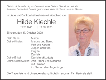Traueranzeige von Hilde Kiechle von Der Westallgäuer