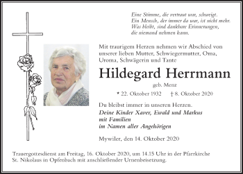 Traueranzeige von Hildegard Herrmann von Der Westallgäuer