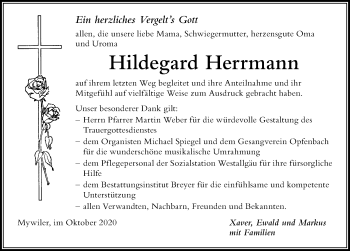Traueranzeige von Hildegard Herrmann von Der Westallgäuer