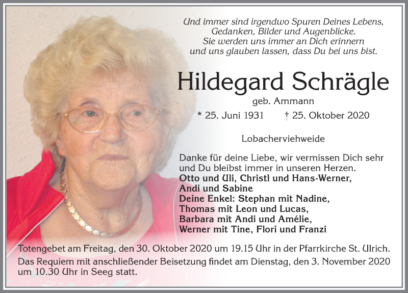  Traueranzeige für Hildegard Schrägte vom 29.10.2020 aus Allgäuer Zeitung, Füssen