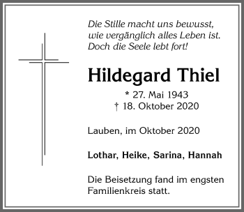 Traueranzeige von Hildegard Thiel von Allgäuer Zeitung,Kempten