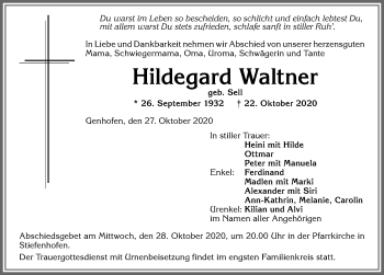 Traueranzeige von Hildegard Waltner von Allgäuer Zeitung