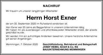 Traueranzeige von Horst Exner von Memminger Zeitung