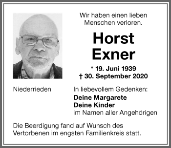 Traueranzeige von Horst Exner von Memminger Zeitung