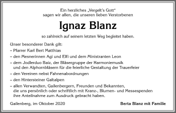 Traueranzeige von Ignaz Blanz von Allgäuer Anzeigeblatt
