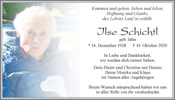 Traueranzeige von Ilse Schichtl von Allgäuer Zeitung, Füssen