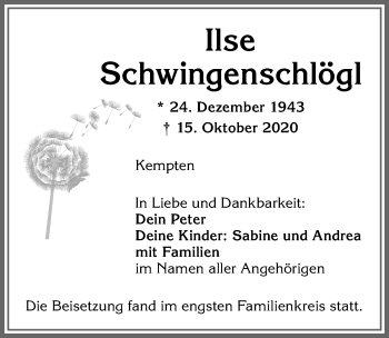 Traueranzeige von Ilse Schwingenschlögl von Allgäuer Zeitung,Kempten