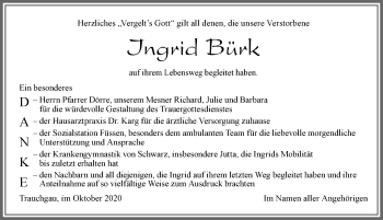 Traueranzeige von Ingrid Bürk von Allgäuer Zeitung, Füssen